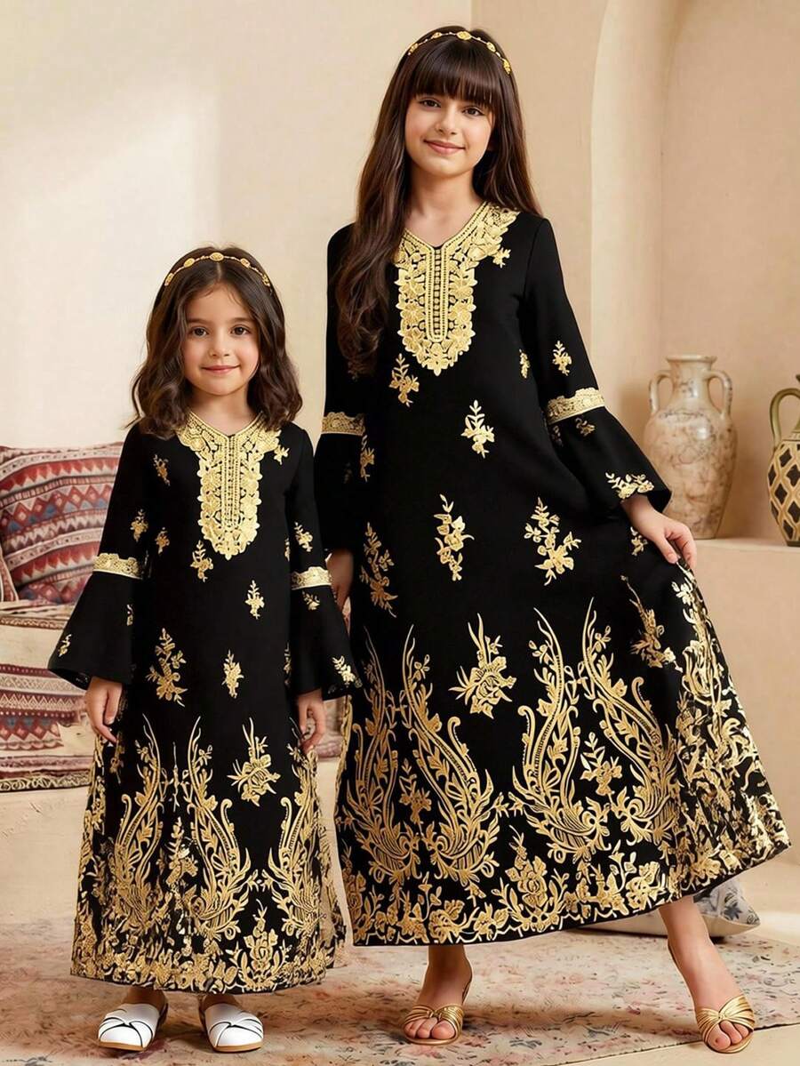 فستان كم طويل بطباعة بسيطة للفتيات المراهقات - الأسود - مشاهدة 1