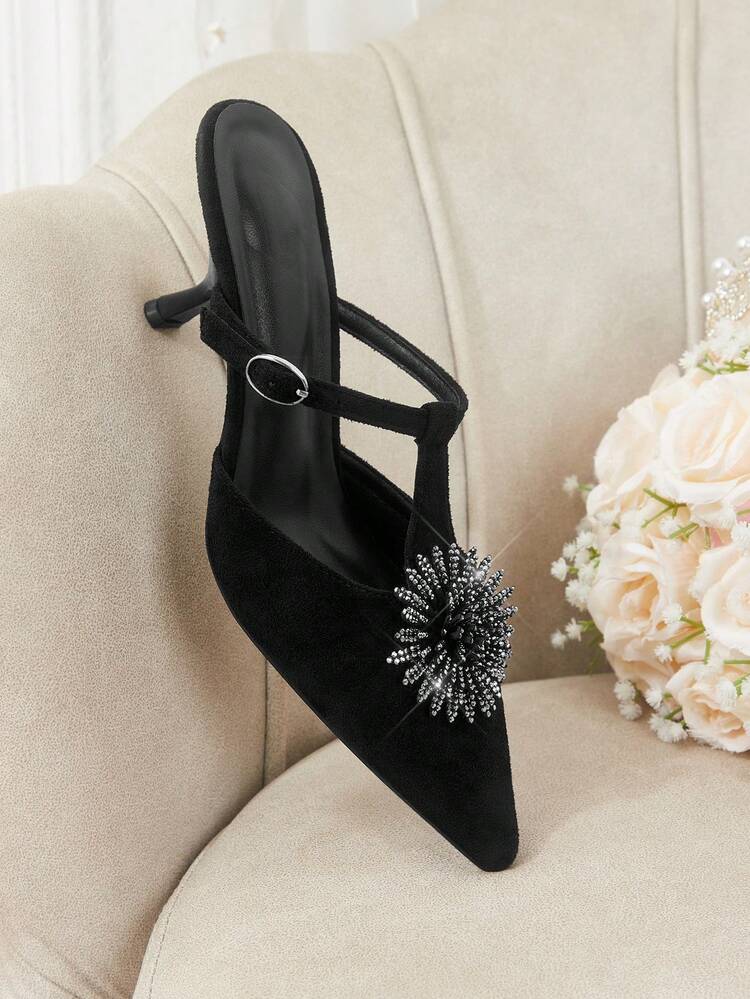 CUCCOO HITCHD Women's Pointed Toe Rhinestone 3D Floral Decor Elegant High Heel Mules Valentine's Day Elegant Shoes