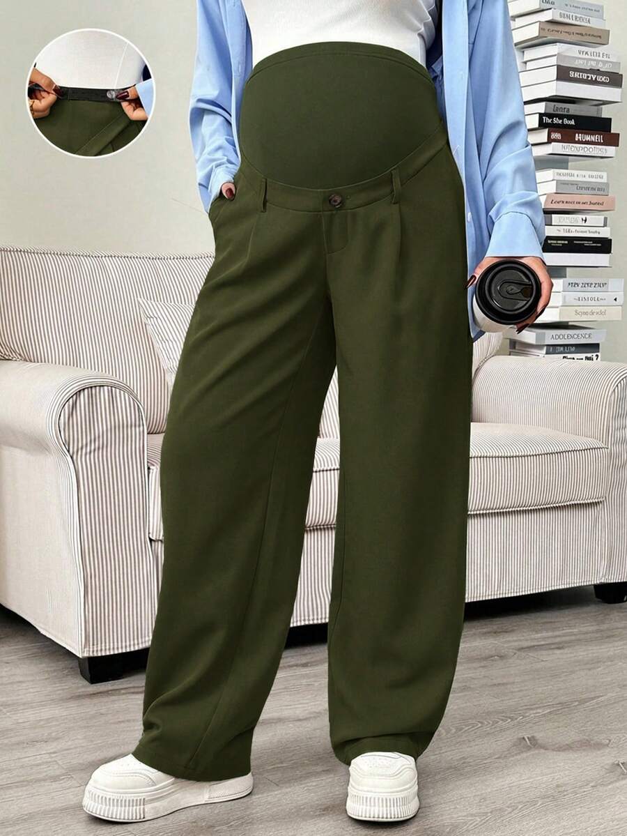 SHEIN 孕妇纯色高腰斜插口袋休闲百搭阔腿裤 - 軍綠色 - 查看 1