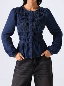 LYSMO Women's Fashion Button-Up Long Sleeve Denim Top - Blue - View 5