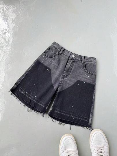 青少年男孩时尚休闲复古酷炫街头黑色牛仔短裤，饰有涂鸦圆点，宽松舒适，适合日常穿着以及春夏锐舞节和街头服饰。