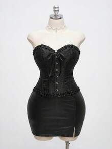 SHEIN EZwear 大码女式提花前扣荷叶边蝴蝶结装饰时尚抹胸上衣 - 黑色 - 查看 4