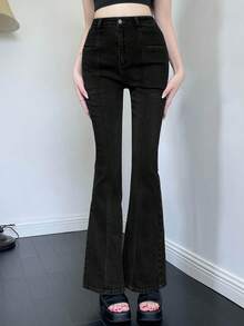 Joudiya Women Casual Daily Wear Flared Jeans With Pockets - Black - View 4