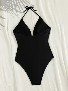 Bonvoyette Femmes Sexy Élégante Mode Noir Une-Pièce Col V Accessoire Métallique Cravate Pour Plage Festival de Musique - Noir - Voir 2