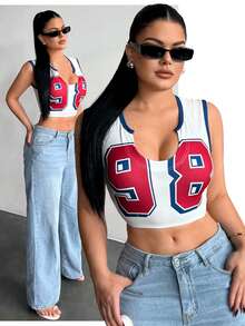 SHEIN SXY Women's Sexy Fashion Street Casual Commuting Numeric Print Contrast Trim Notch Neck Cropped Tank Top, Summer, 90s Top, Sexy Tops For Club, Crop Tops Y2k, - Multicolor - View 3