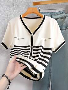 SHEIN Franclia 女士休闲V领短袖条纹针织上衣 - 杏色 - 查看 1