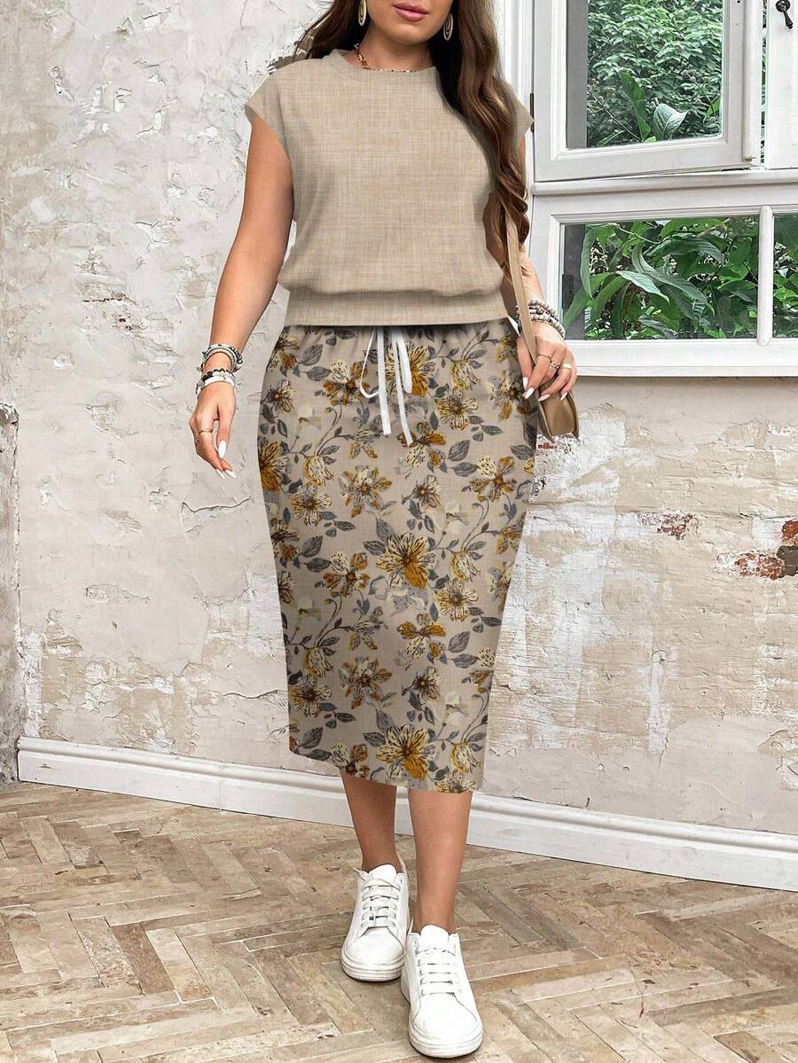 SHEIN LUNE Vacation Floral Print Casual Loose Fit Round Neck Two Pieces Set, Suitable For Plus Size Women In Autumn/Winter,2 Summer OutfitSummer Outfits Fall - Beige - View 1