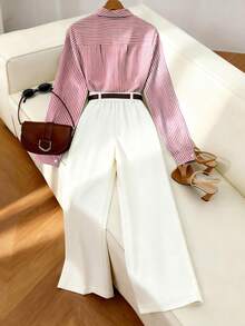 Airaco 2pcs Casual Commuter Striped Long Sleeve Shirt With Belt Decor & Straight Leg Pants Set - Pink - View 2