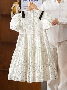 SHEIN Genkimix Kids 韩版波点印花泡泡袖黑色蝴蝶结装饰轻薄宽松连衣裙，休闲夏季装扮 - 黑與白 - 查看 2