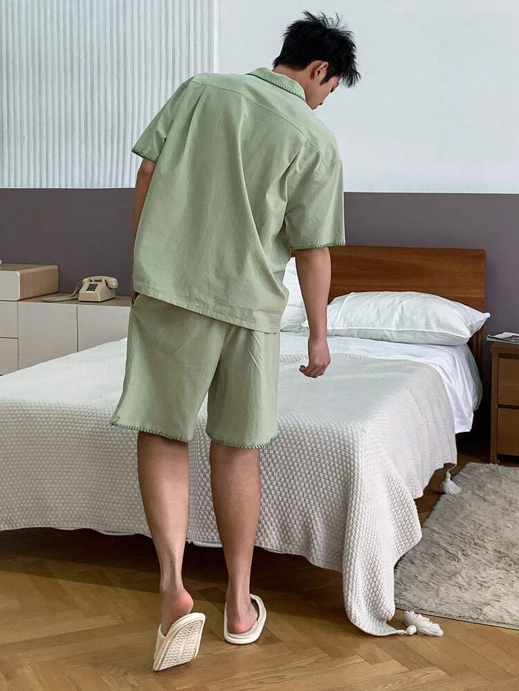 Green Short Sleeve Top And Shorts Men's Pajama Set, Summer