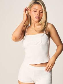 MISSGUIDED Ribbed Pajama Set With Cami Tank Top And Lace Trim Shorts Sleepwear Lounge Set - Beige - View 4