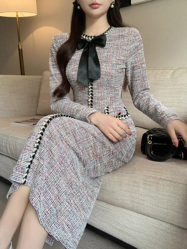 Women's Elegant Colorblock Patchwork 3D Floral Round Neck Faux Pocket Midi Dress, Spring Wedding Guest Dress Sundress