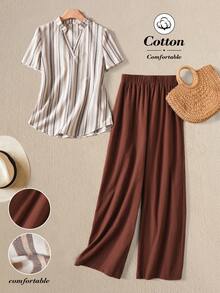 Rusticease 条纹复古V领短袖衬衫和阔腿裤休闲两件套女装 - 彩色 - 查看 1