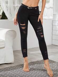 SHEIN Tall Women's Casual Ripped Black Skinny Jeans - Black - View 6