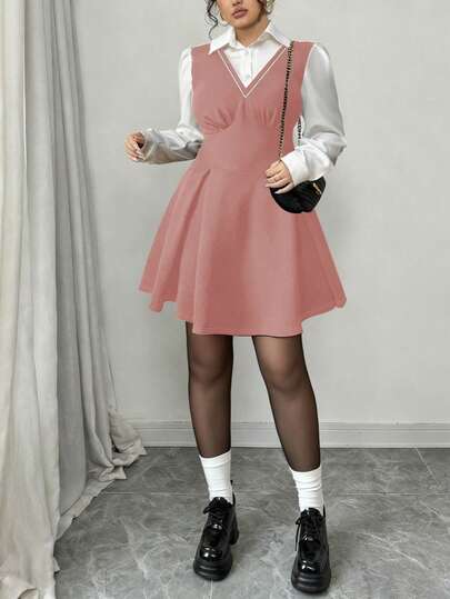 Elenzga 大码女式法式休闲优雅拼接长袖连衣裙，秋冬款