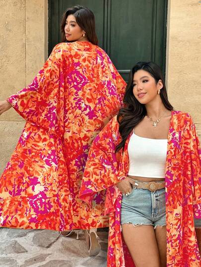 Ceyna Plus Size Women's New Elegant Multi-Color Tie Dye Floral Pattern Open Front Long Sleeve Long Lightweight Jacket Cape Dress Kimono Dress Curve Kimono Caftan Dress Kaftans For Women