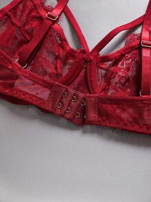 1pc Wine Red Women's Lace Bra With Underwire And V-Shaped Straps - Burgundy - View 5