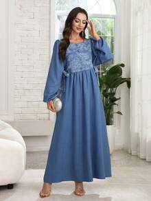 Al Najma Vestido estilo árabe de manga larga, suelto y acampanado, de unicolor y estampado, para mujer - Azul - Ver 4