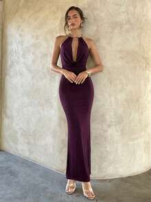 Aloruh 女士时尚性感深V露背连衣裙 - 紫色 - 查看 3