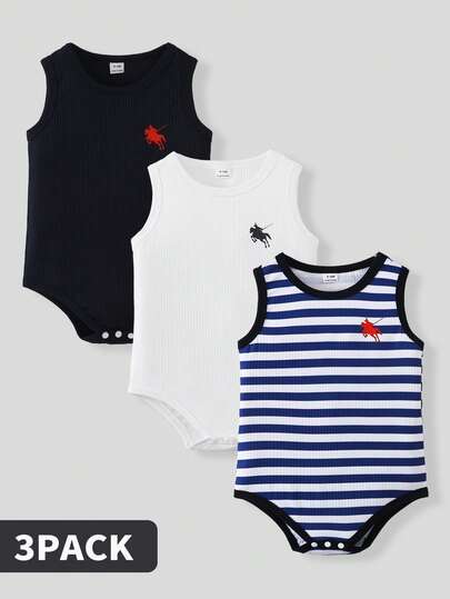 SHEIN Playful Pals 3pcs/Set Baby Boy Knight Print Round Neck Casual Romper