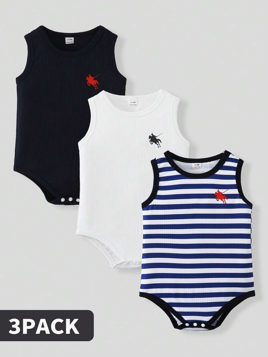 SHEIN Playful Pals 3pcs/Set Baby Boy Knight Print Round Neck Casual Romper - Multicolor - View 1