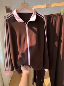 Comfortcana Set casual sportivo da 2 pezzi in tessuto marrone per taglie comode - Castano - Visualizzare 6