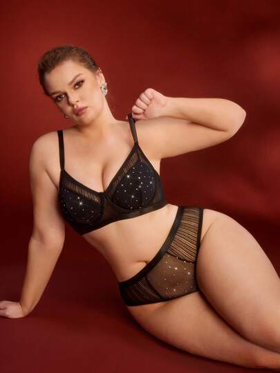 大码女士纯色亮片网纱透明罩杯文胸和内裤套装