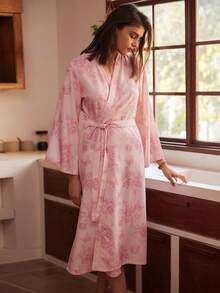 Bohemian Floral Print Bubble Crinkle Women Robe - Pink - View 3