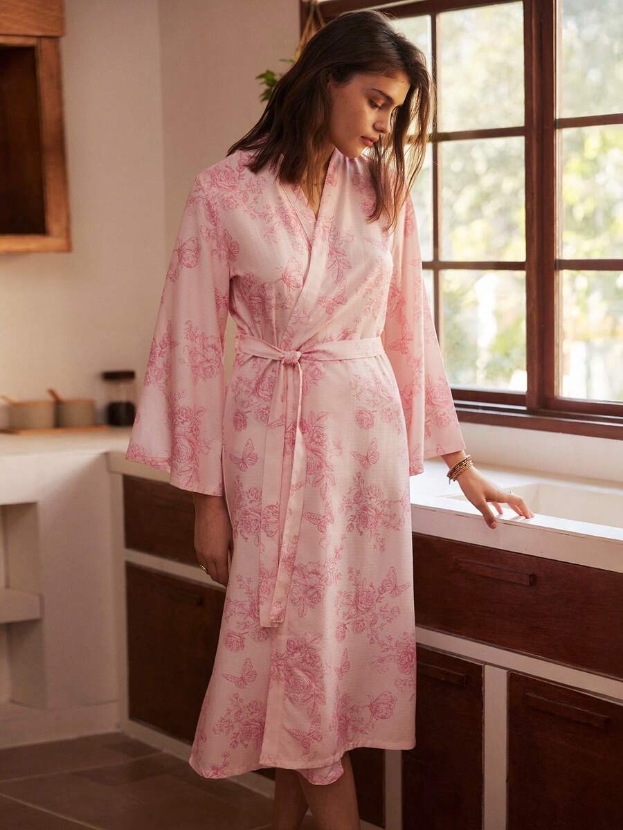 Bohemian Floral Print Bubble Crinkle Women Robe - Pink - View 1