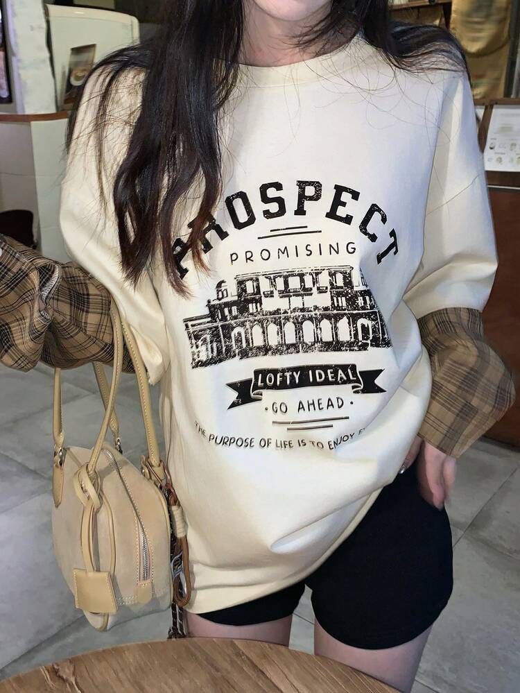 Women's Crew Neck Contrast Color Block Print Loose Pullover Casual T-Shirt Oversized Graphic Tees Women