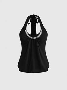 ROMWE Women's Solid Color Halter Tie-Up Metal Decor Ruched Fashionable Versatile Top For Dates & Outings - Black - View 1