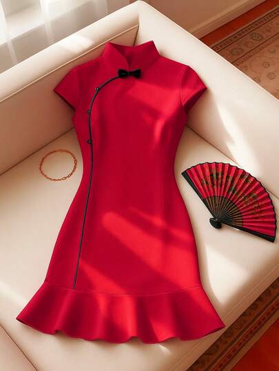 Franclia Vestido qipao elegante con cuello mao y botones para mujer, vestido rojo para atuendo de Año Nuevo