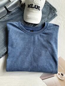 SHEIN EZwear 大码水洗棉雪花短袖T恤，海军蓝，春季 - 藏蓝色 - 查看 5