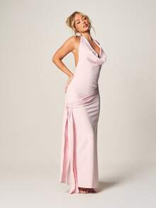 MISSGUIDED Women's Draped Cowl Neck Halter Maxi Dress With Waist Tie Evening Formal Gown Party Occasion - Pink - View 1