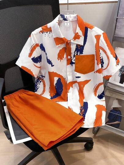 SHEIN 2pcs/Set Toddler Boys' Casual Sports Retro Collared Shirt And Shorts Tracksuit, Suitable For Children's Outfits, Infant Boys' Clothing, Back To School Season Boys' Set, Suitable For Birthday Party, Banquet, Performance, Wedding, Baptism, Opening Ceremony And Daily Wear Like School, Travel, Sports, Suitable For Spring/Summer, Mother's Day/Mother-Son Matching