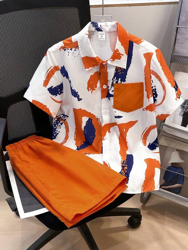 SHEIN 2pcs/Set Toddler Boys' Casual Sports Retro Collared Shirt And Shorts Tracksuit, Suitable For Children's Outfits, Infant Boys' Clothing, Back To School Season Boys' Set, Suitable For Birthday Party, Banquet, Performance, Wedding, Baptism, Opening Ceremony And Daily Wear Like School, Travel, Sports, Suitable For Spring/Summer, Mother's Day/Mother-Son Matching