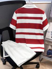 SHEIN 男童休闲条纹polo衫+白色短裤套装（2件套），适合上学、生日、派对、婚礼、洗礼、开幕式、旅行、运动、春夏等多种场合。 - 彩色 - 查看 4