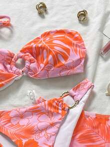 Swim Vcay 3件套女士泳衣比基尼泳装迷你连衣裙罩衫夏季棕榈热带印花四季皆宜的时尚套装，派对、约会必备，完美搭配音乐节和街头服饰，节日时尚 | 泳池和度假 | 蕾丝上衣，女士上衣，女士泳装 - 橘色 - 查看 7