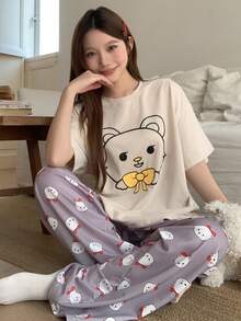 DAZY 2pcs/Set Cute Bear Print Short Sleeve T-Shirt And Pants Women Summer Pajama Set - Beige - View 1
