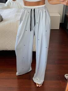 DAZY 条纹蝴蝶结装饰宽松女式睡裤 - 藍色 - 查看 6