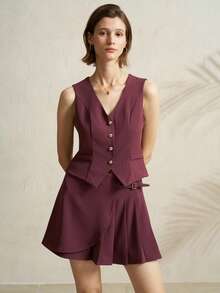 Airaco Women's Minimalist Single-Breasted Vest And Skirt Suit Set For Commuting, Summer - Purple - View 7