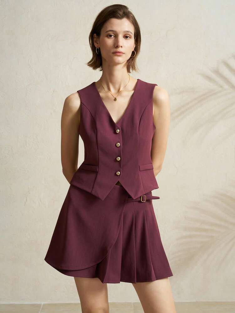 Airaco Women's Minimalist Single-Breasted Vest And Skirt Suit Set For Commuting, Summer - Purple - View 7