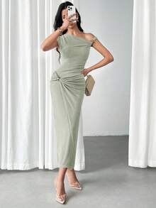 Modelyn 女士休闲优雅褶皱金属装饰连衣裙，夏季 - 綠色 - 查看 5