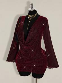 SHEIN ICON Plus Size Women's Plunging Neck Gold Mini Party Dress Burgundy Outfit Women Red Sparkly Dress - Burgundy - View 4