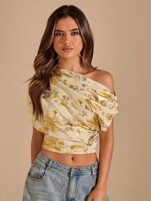 SHEIN BAE 金色纹理不对称肩部衬衫，女士金色上衣，夏季斜肩上衣，适合夜店派对、外出穿着，夏季女装，复古富贵，工作/办公室，女士商务休闲装，办公室着装 - 金色 - 查看 6