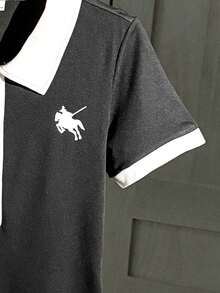 Teen Girls' Casual Sports Everyday Commute Rider Print Contrast Trim Short Sleeve Polo Romper, Summer - Black - View 3