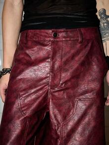 ROMWE MEN Street Life 男士休闲时尚街头宽松阔腿百慕大短裤，PU皮革材质 - 酒紅色 - 查看 2