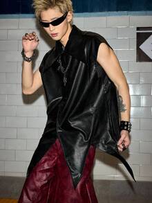 ROMWE MEN Street Life Men's Street Fashion Hip Hop Asymmetrical PU Leather Tank Top - Black - View 12