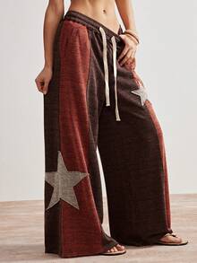 Bohemela 波西米亚风休闲针织拼接星形图案阔腿裤 - 卡其色 - 查看 1