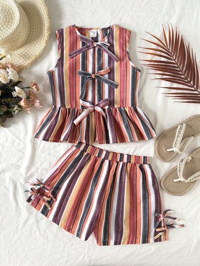 SHEIN Tween Girls' Woven Colorful Striped Sleeveless Shirt With Cute Bow Decor & Ruffle Hem, Paired With Casual Shorts 2-Piece Set, Suitable For Spring/Summer, Daily Outings, Spring Trips, Back To School